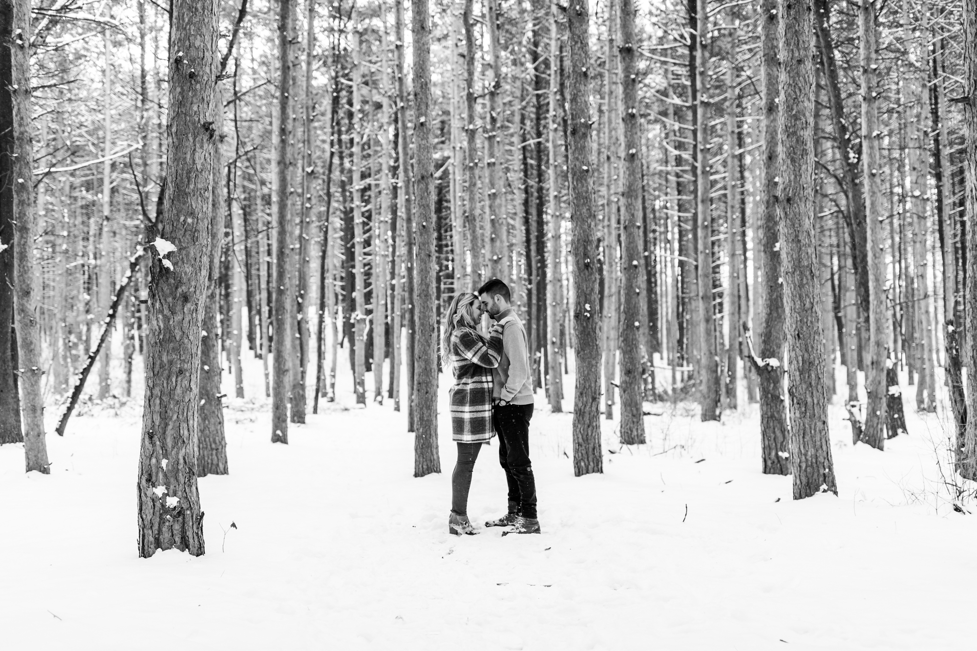 Couple standing together in snowy woods in Michigan winter forest engagement photos