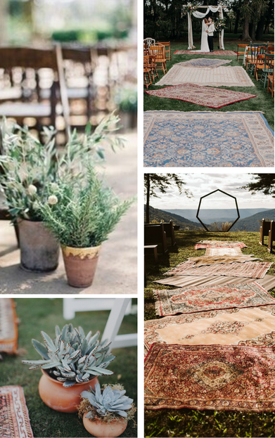 Backyard wedding inspiration aisle with rugs and potted plants