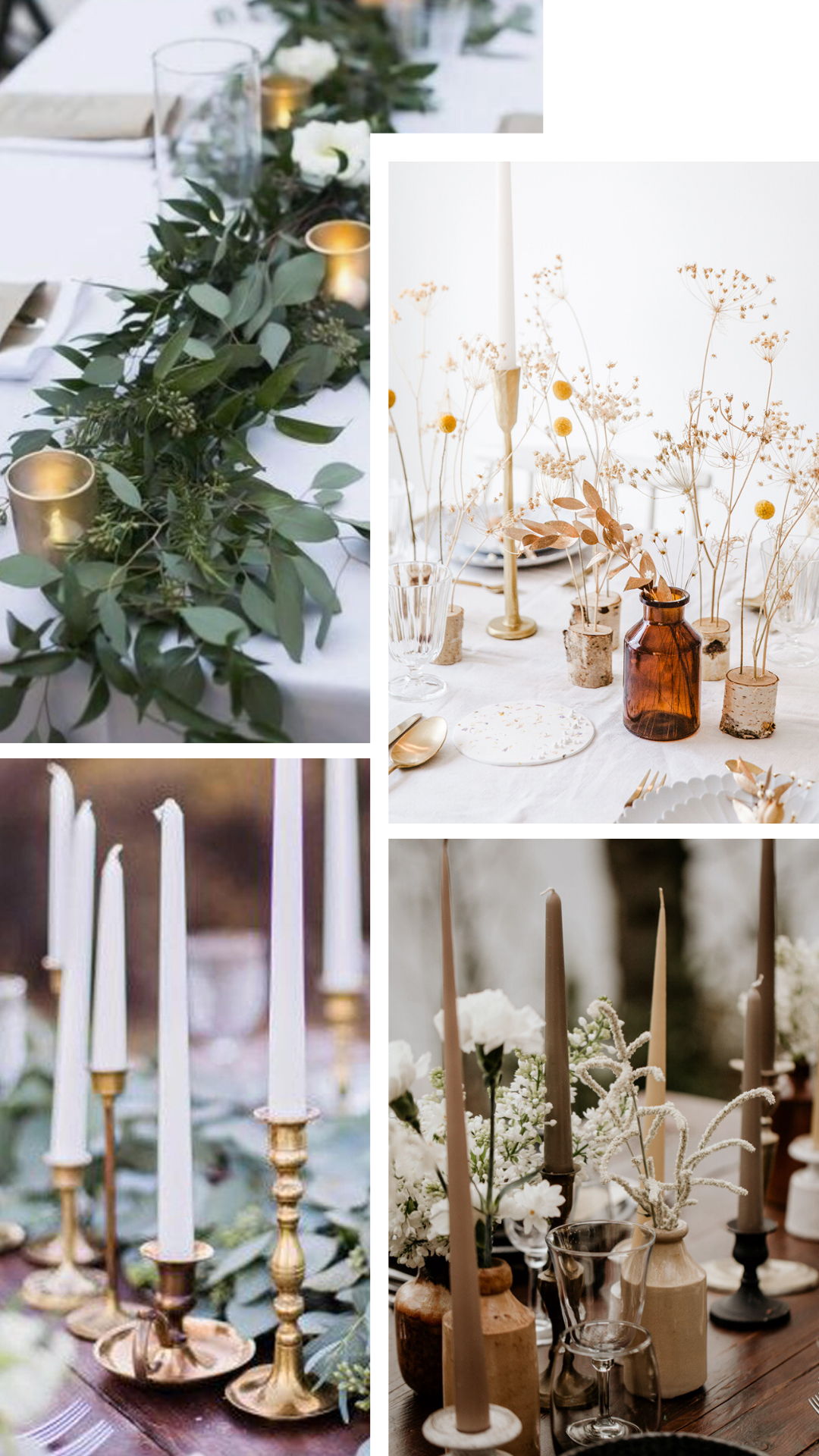 wedding table decor DIY with vases and candles flowers and greenery