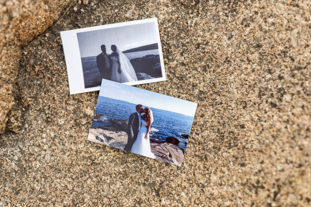 elopement wedding polaroid photos of bride and groom on mountain near ocean in national park wedding