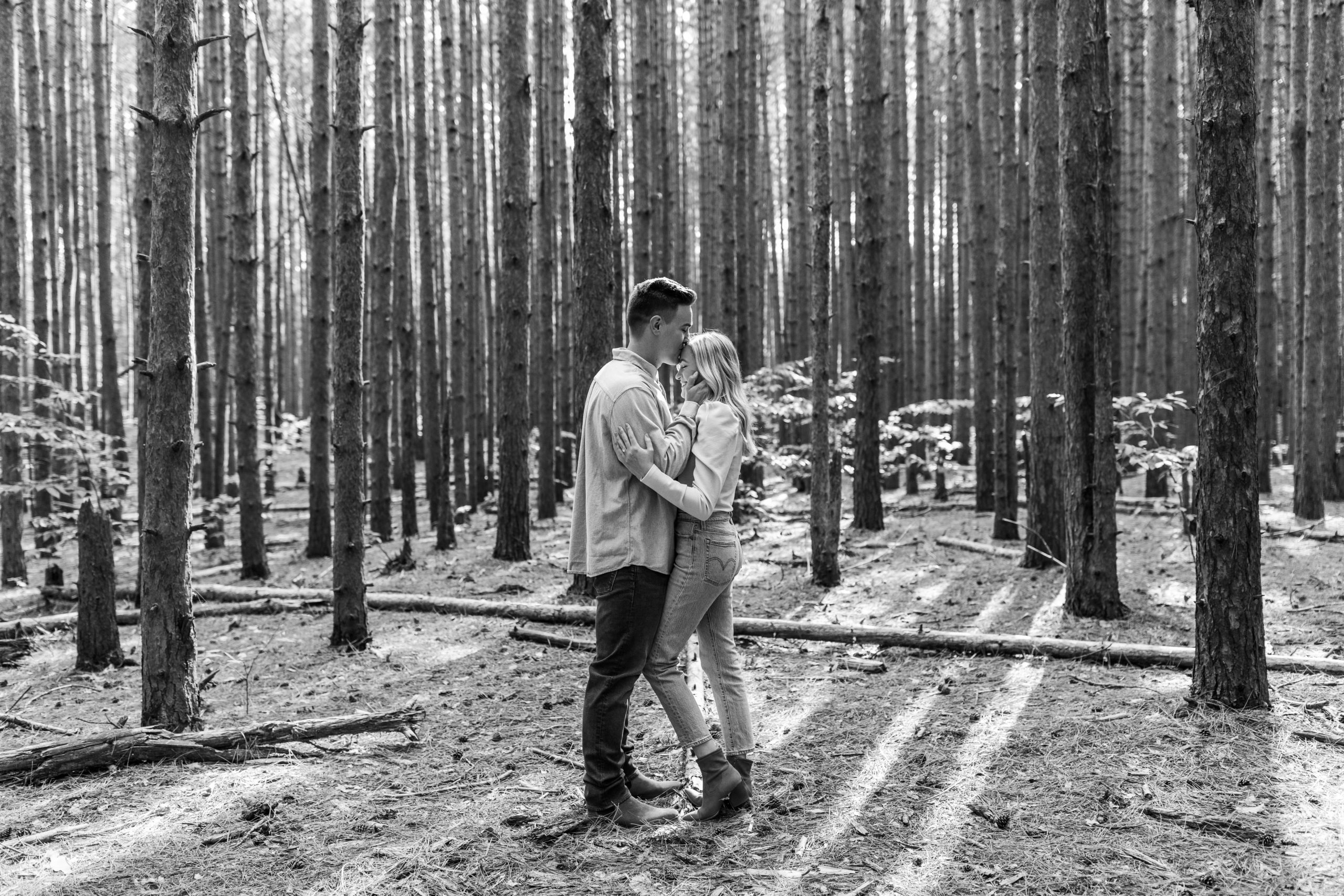 couple kissing in a wooded forest Michigan engagement