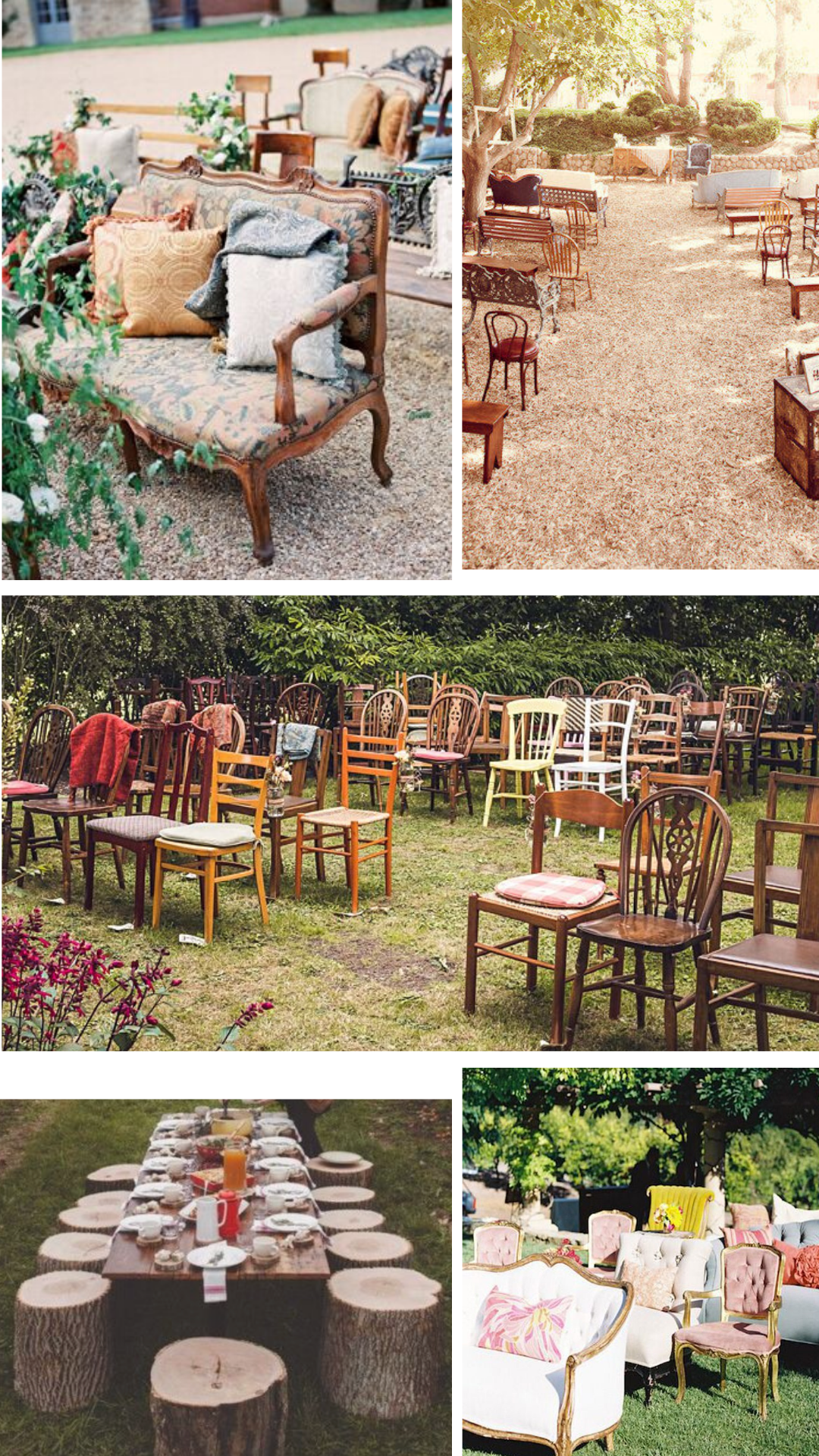 Backyard wedding seating inspiration mismatched chairs and sofas