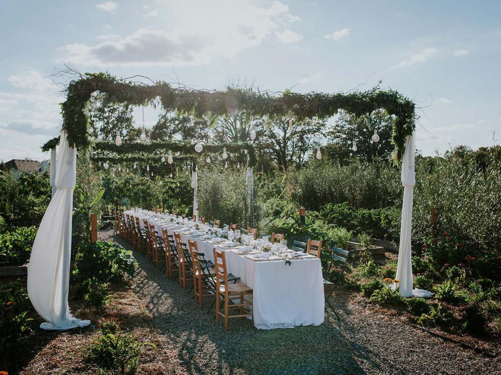 wedding reception under pergola in garden Michigan vineyard