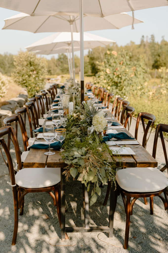 One Long Dinner Table Wedding Reception Outdoors
