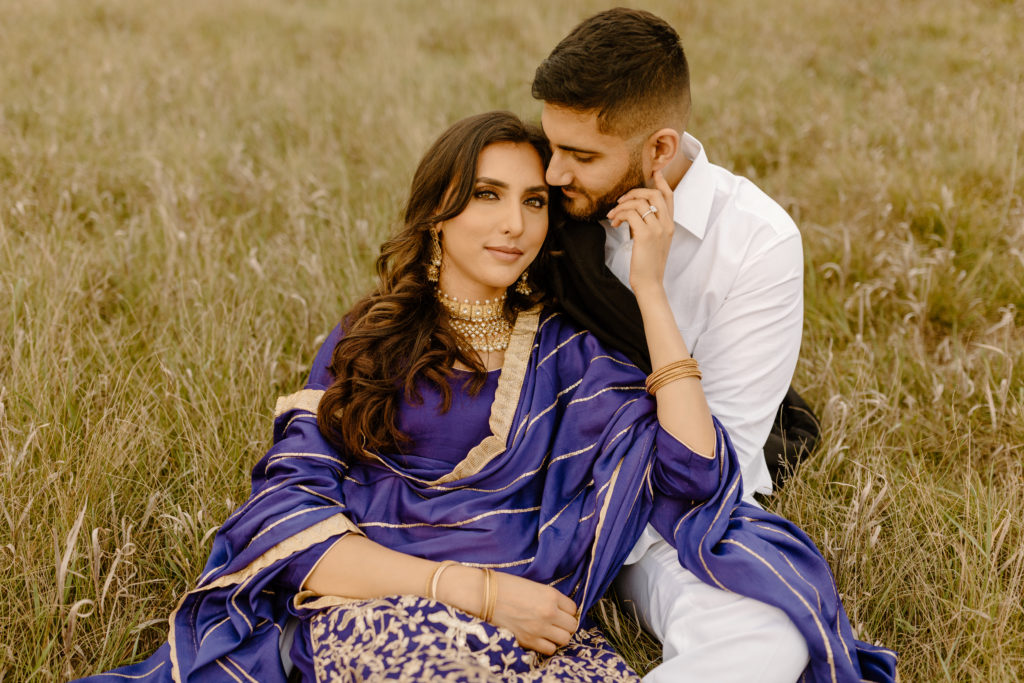 Indian Traditional Wear Clothing Engagement Photos in a Field