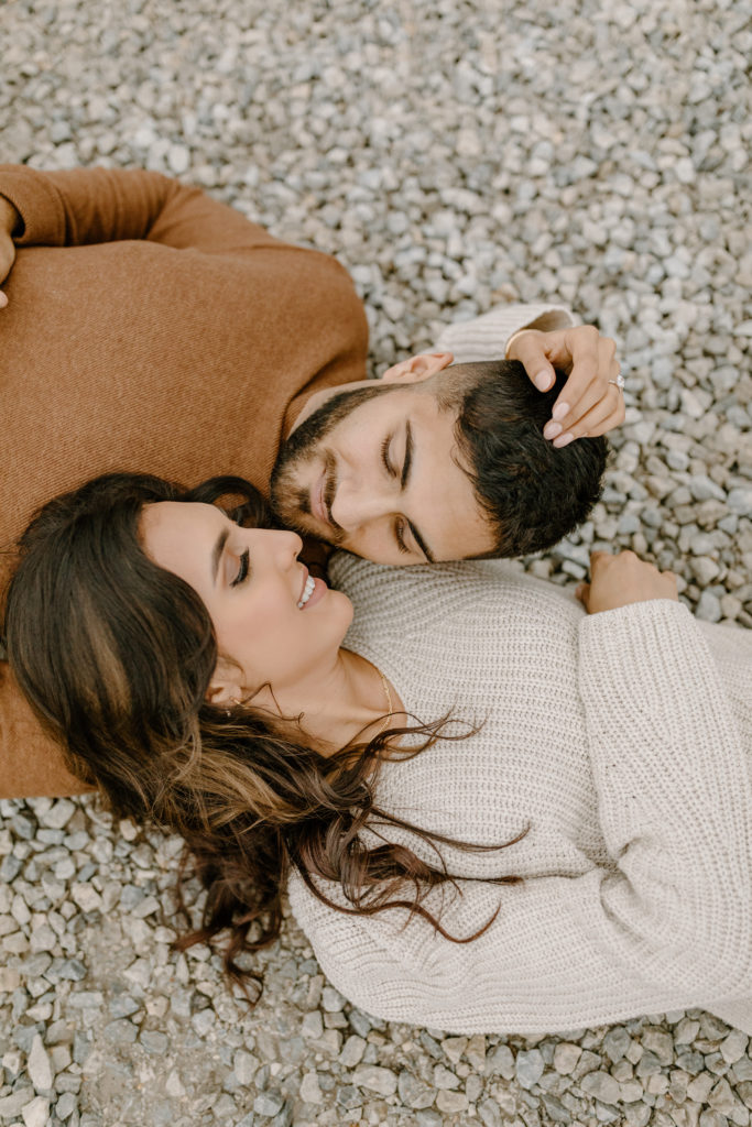 Gravel Yard Mountain Minimalistic Engagement Photos Neutral Outfits