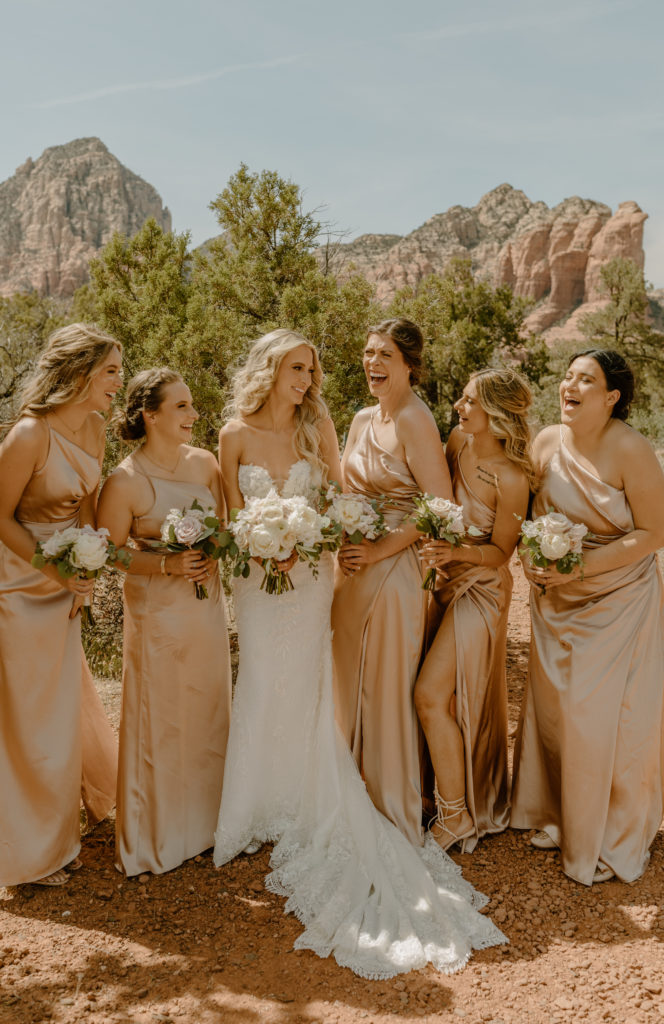 Bridesmaid Wedding Photos Arizona Champagne Pink Satin Silk Dresses