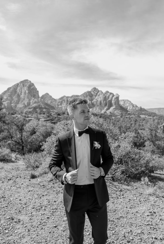 Groom Photos Black White Poses Destination Wedding Mountains Arizona