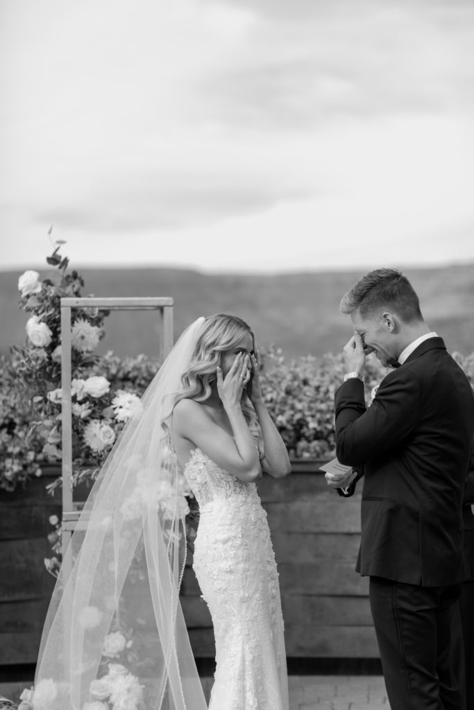 Ceremony Wedding Photos Crying Bride Groom Vows Black White Candid