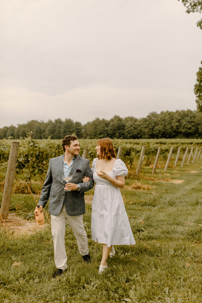 Winery Vineyard Engagement Photoshoot with Champagne