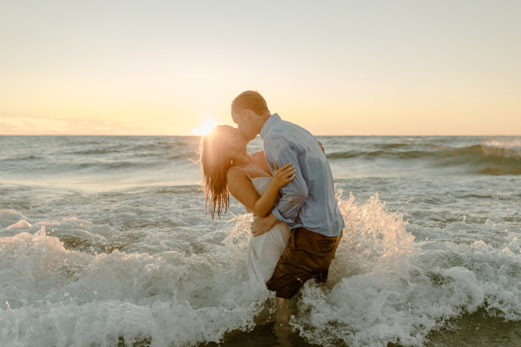 Engagement Photoshoot in Lake Michigan Waves Beach Sunset