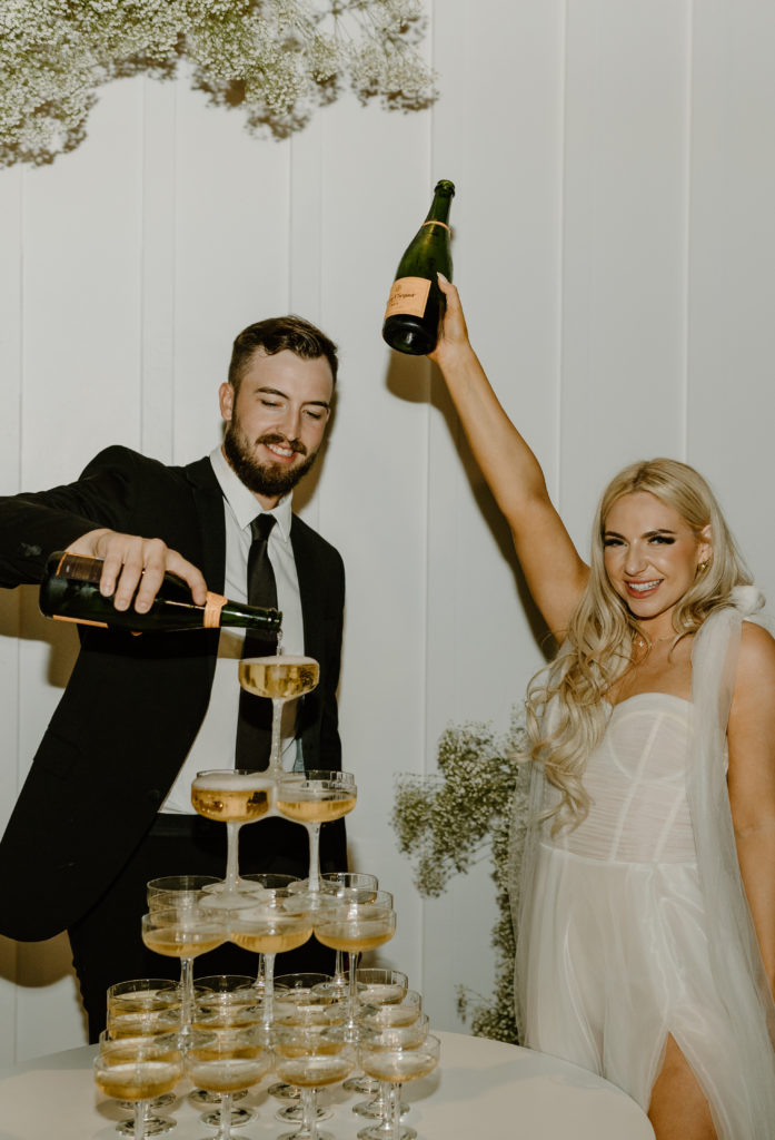 Wedding reception flash photos champagne tower