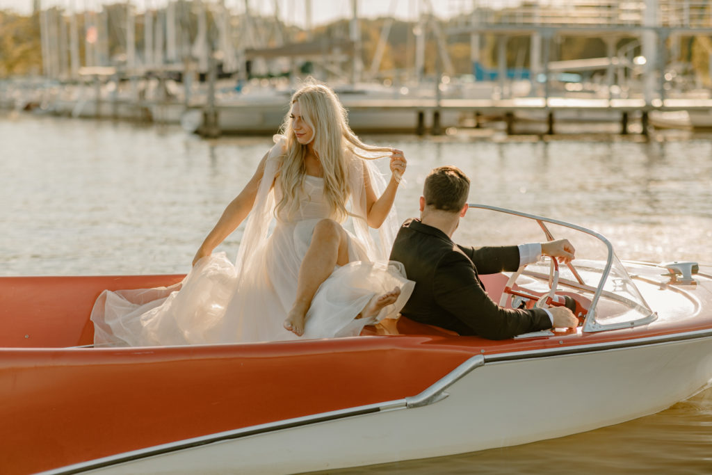 Vintage boat wedding photos bride and groom
