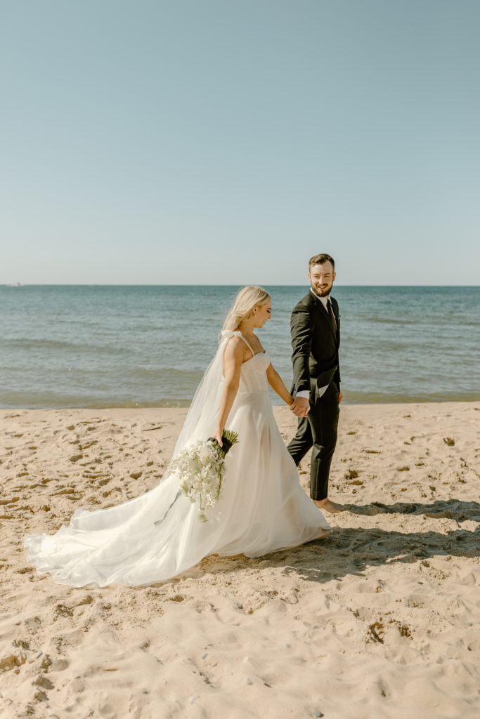 Michigan Waterfront Wedding Photographer Bride and Groom on the Beach
