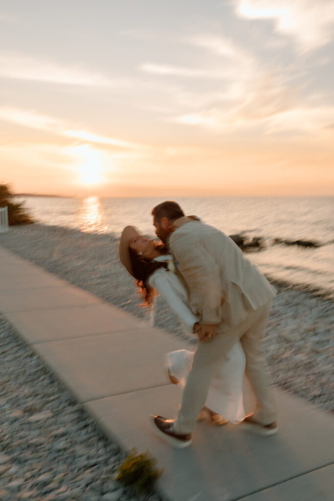 Sunset candid blurry wedding photos Michigan