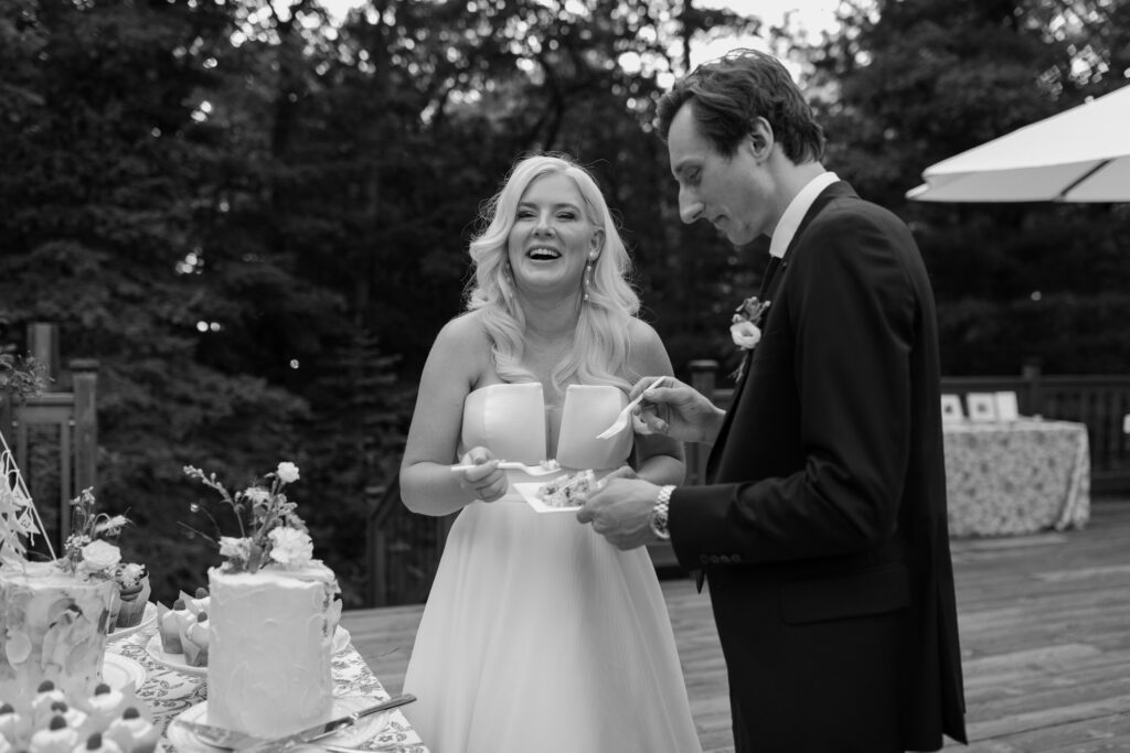 Black and white cake cutting wedding reception photos